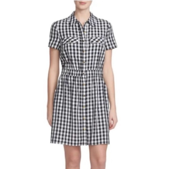 Cece Women's Black & White Gingham Short Sleeve Button Front Shirt Dress Size 12 - Picture 1 of 10